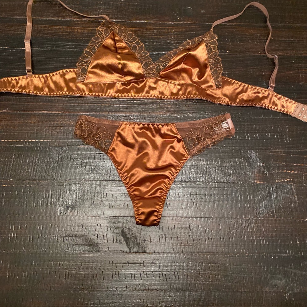 Satin Lace Trim Bralette and Panty Set - Brown